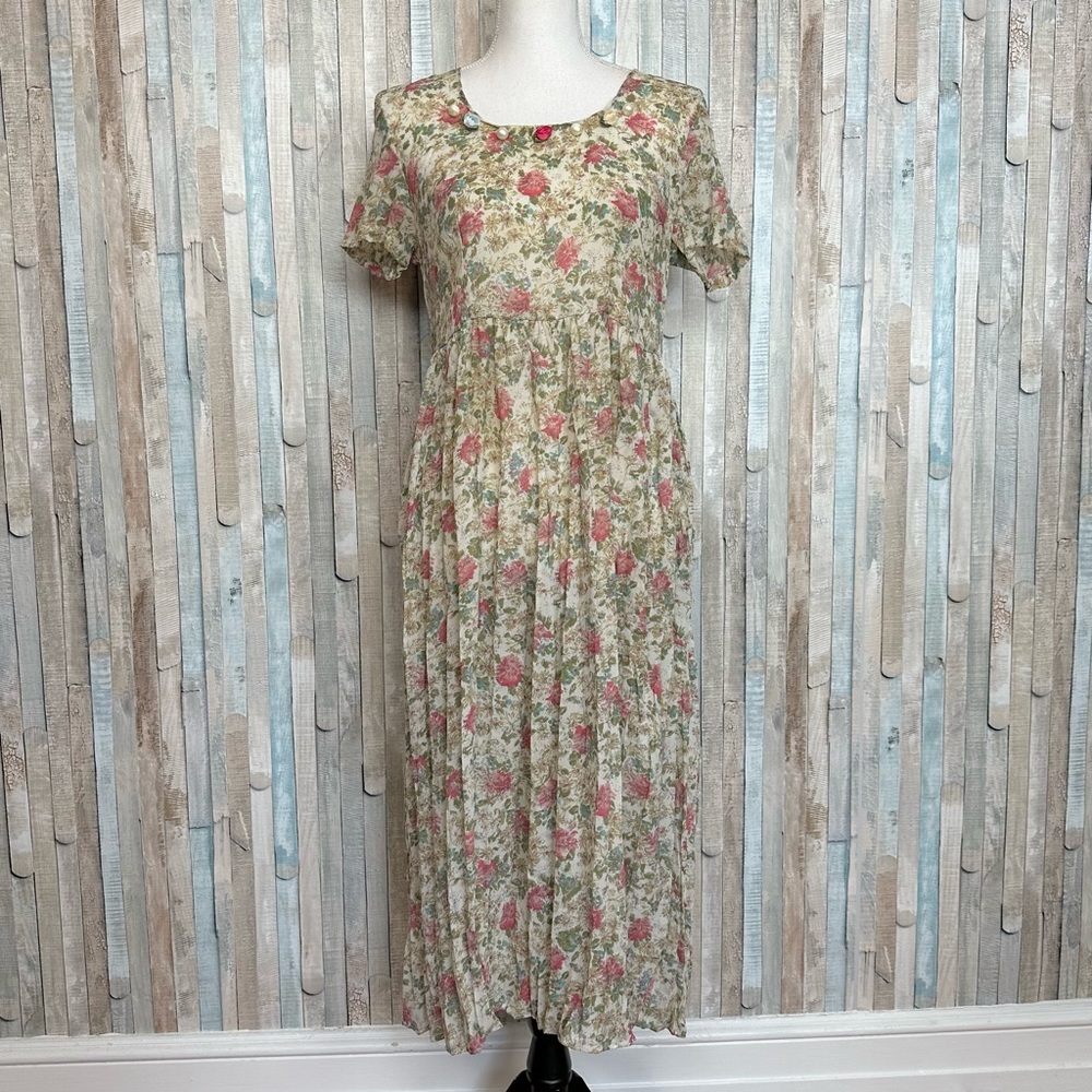 Vintage S Floral Print Midi Dress Pleated Chiffon 90s Cottage Cottagecore‎